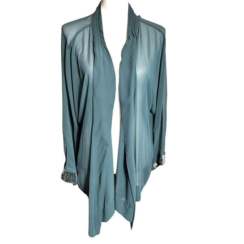 SOFT SURROUNDINGS 3X Teal Green‎ Silver Sequin Sheer Kimono Cardigan Cover Up